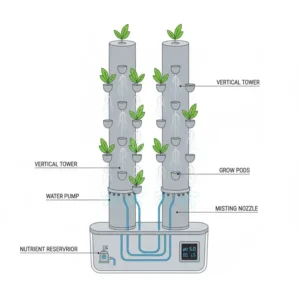 Diagram illustrating the key aeroponics kit parts, including the reservoir, pump, and mister nozzles.