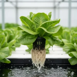 A head of butterhead lettuce being harvested from a deep water culture (DWC) hydroponic system, showing its healthy roots; a top contender for the best lettuce for hydroponics.