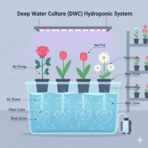 Diagram showing the setup of a Deep Water Culture (DWC) system for growing hydroponic flowers.