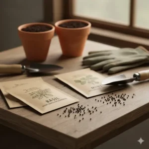 Close-up of basil and mint seeds for container gardening, showing how small they are before planting in terracotta pots.
