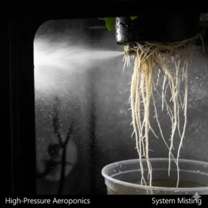 Close-up of a high-pressure aeroponics system misting plant roots with a fine nutrient fog.