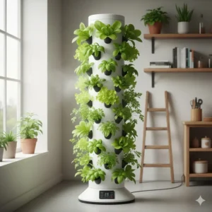 Vertical aeroponics tower garden with leafy greens growing, maximizing space utilization in a home setting.