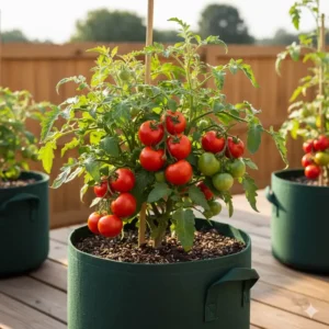A determinate tomato plant, likely 'Bush Early Girl', growing successfully in a five-gallon pot, ideal for first-time container gardeners.