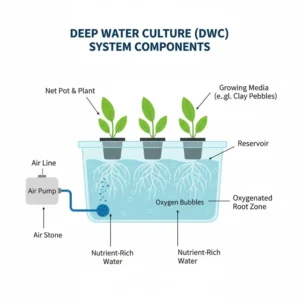 Diagram illustrating the key components of a Deep Water Culture (DWC) setup, including the reservoir, air stone, air pump, and net pot.