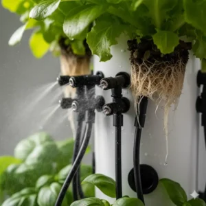 Close-up of low-pressure misting nozzles and tubing, key components of a quality aeroponics system kit.