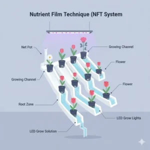 Cross-section of a Nutrient Film Technique (NFT) system with hydroponic flowers growing in channels.