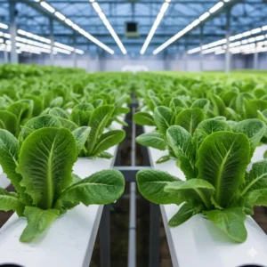 Rows of crisp Romaine lettuce growing in a Nutrient Film Technique (NFT) channel, often cited as one of the best lettuce for hydroponics due to its vertical growth.