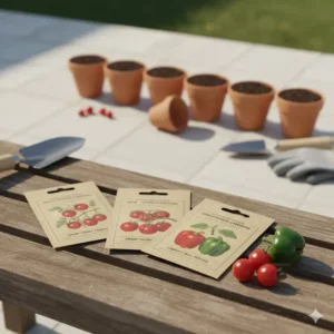 A selection of compact bush variety vegetable seeds for container gardening, perfect for small-space growing like cherry tomatoes and peppers.