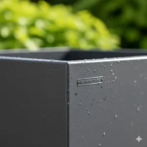 Close-up of a durable, weatherproof metal garden cube with a powder-coated finish.