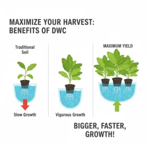 Graphic showing the fast, vigorous growth and maximized yields that growers achieve with the best DWC system for hydroponics.