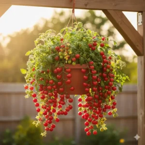 Tumbling Tom cherry tomatoes spilling over a terra cotta hanging basket, highlighting one of the best varieties for pots and vertical gardening.
