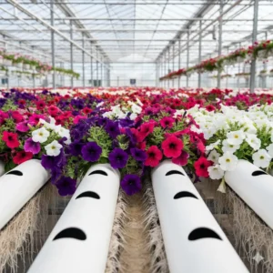 Cascading petunia flowers in pink and purple thriving in an NFT system, demonstrating one of the best flowers for hydroponics in a large-scale setup.