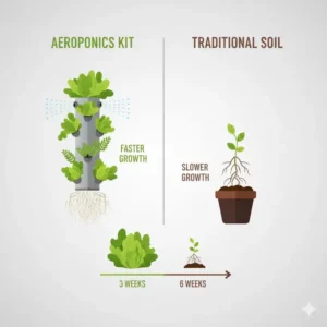 Comparison chart showing accelerated root and canopy growth of plants cultivated with an aeroponics kit versus traditional soil.