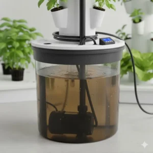 Aeroponics reservoir tank and water pump, essential for circulating the nutrient solution in the system kit.