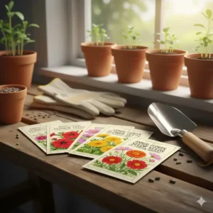 Bright packets of annual flower seeds for container gardening, such as petunias and marigolds, ready for sowing.
