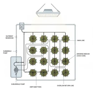 Overhead view of a timed drip system with emitters delivering nutrient solution directly to the inert growing medium, a type of the best hydroponic system for weed.