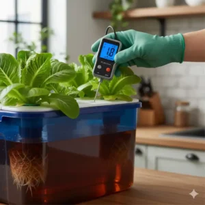 Hand holding an EC meter to check the electrical conductivity of the hydroponic fertilizer for lettuce solution for optimal feeding.