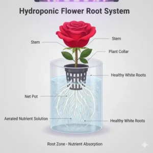 Close-up illustration of the healthy, visible root system of a hydroponic flower absorbing nutrients from water.
