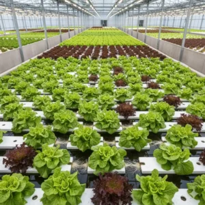 An aerial view of a large-scale floating raft system filled with several fast-growing loose-leaf lettuce varieties, demonstrating an efficient way to grow the best lettuce for hydroponics.