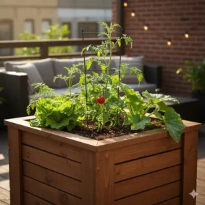 A productive raised bed vegetable garden cube growing organic vegetables like tomatoes and lettuce.