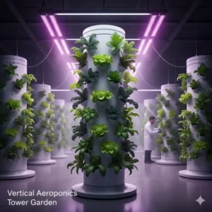 A full-view shot of a vertical aeroponics tower garden used for maximizing space and yield.