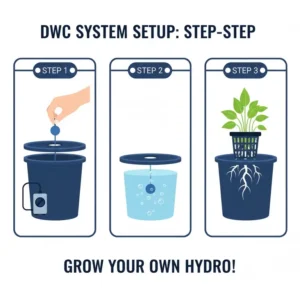 Step-by-step assembly illustration for setting up a simple bucket DWC system for a beginner home grower.