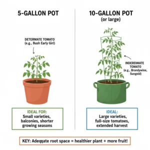 Diagram showing the optimal container size requirements (5-gallon minimum) for growing healthy indeterminate and determinate tomato varieties in pots.