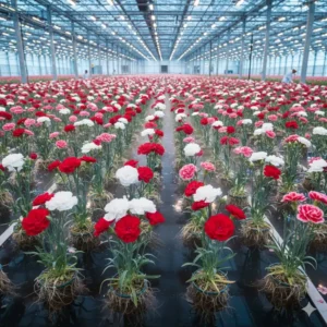 A cluster of bright red and white carnation flowers being grown commercially using deep water culture (DWC), proving they are among the best flowers for hydroponics.
