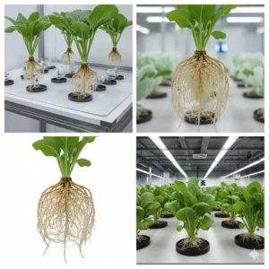 Detailed view of plant roots suspended in air, misted by a nutrient solution for optimal oxygenation in the aeroponics system.
