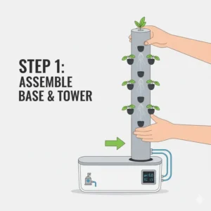 Step-by-step image of assembling the base and reservoir component of the aeroponics kit.