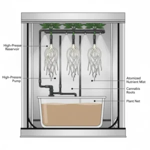 Cutaway view of a high-pressure aeroponics system, showing fine mist spraying essential nutrients directly onto the cannabis roots, a high-tech best hydroponic system for weed.