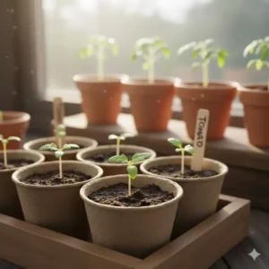 Tiny green seedlings emerging from soil in biodegradable starting pots, illustrating the initial results of planting seeds for container gardening.