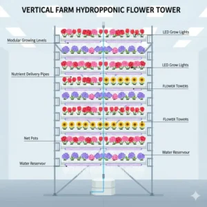 Schematic illustration of a vertical hydroponic flower farm, maximizing space with stacked growing towers.