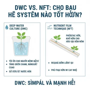 Chart comparing the Deep Water Culture (DWC) system with the Nutrient Film Technique (NFT) in terms of water usage, complexity, and growth rate.
