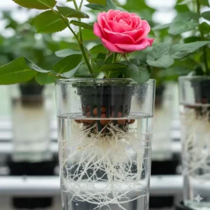 Close-up of a pink rose flower bud and foliage, showing the root structure in a deep water culture (DWC) system, confirming roses as some of the best flowers for hydroponics.