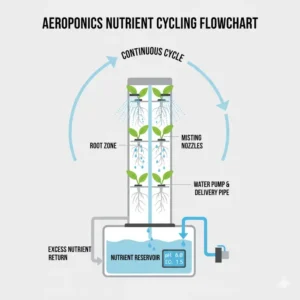 Flowchart depicting the continuous nutrient and water cycling process within the aeroponics system.