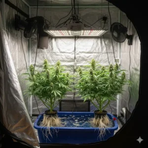 Photo of a complete grow tent setup, including grow lights, ventilation, and a recirculating water system, an ideal environment for the best hydroponic system for weed.