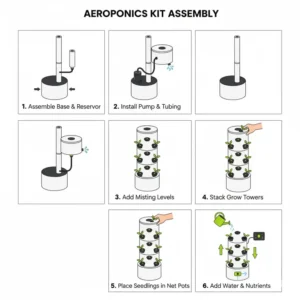 Step-by-step diagram showing the easy assembly process for a beginner aeroponics system kit.