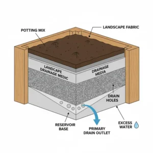 Cross-section diagram illustrating the efficient internal drainage system of the garden cube.