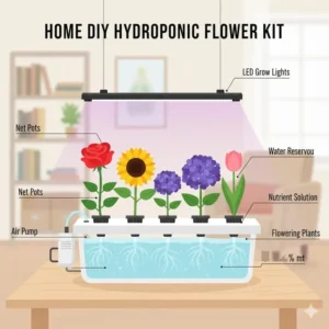 Simple, small-scale DIY hydroponic system for growing flowers indoors at home under LED grow lights.