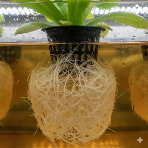 Detailed image of a vigorous, white root mass of lettuce demonstrating successful absorption of hydroponic fertilizer for lettuce.