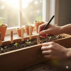 Hand writing the variety name and date on a plant marker to label newly planted seeds for container gardening in a window box.