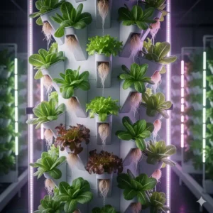 A space-saving, vertical NFT hydroponic tower with multiple tiers, ideal for maximizing the yield of the best lettuce for hydroponics in a small area.
