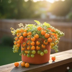 'Sungold' cherry tomatoes, a popular snacking variety, growing in a small space pot on a balcony, known for its sweet flavor.