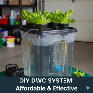 A homemade or DIY DWC system setup using a dark plastic storage tote and an air pump, highlighting its cost-effectiveness.