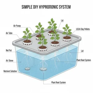 A labeled diagram or illustration of a simple hydroponic system suitable for growing the best flowers for hydroponics at home.