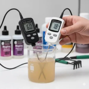 Close-up of a digital pH and EC meter being used to test the nutrient solution required for the best hydroponic system for weed.