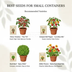 Infographic or collage showing the recommended, dwarf, or compact seeds for container gardening, ideal for balconies and small spaces.
