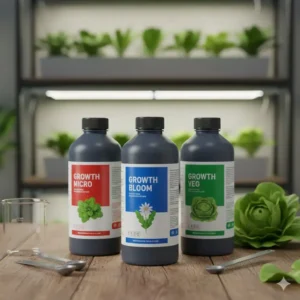 Image showing a standard three-part nutrient kit, commonly used as a concentrated hydroponic fertilizer for lettuce.
