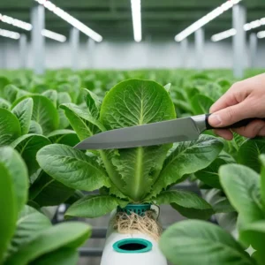 A hand using a small knife to cleanly harvest the base of a mature head of hydroponic lettuce, showing the quick turnaround time for the best lettuce for hydroponics.